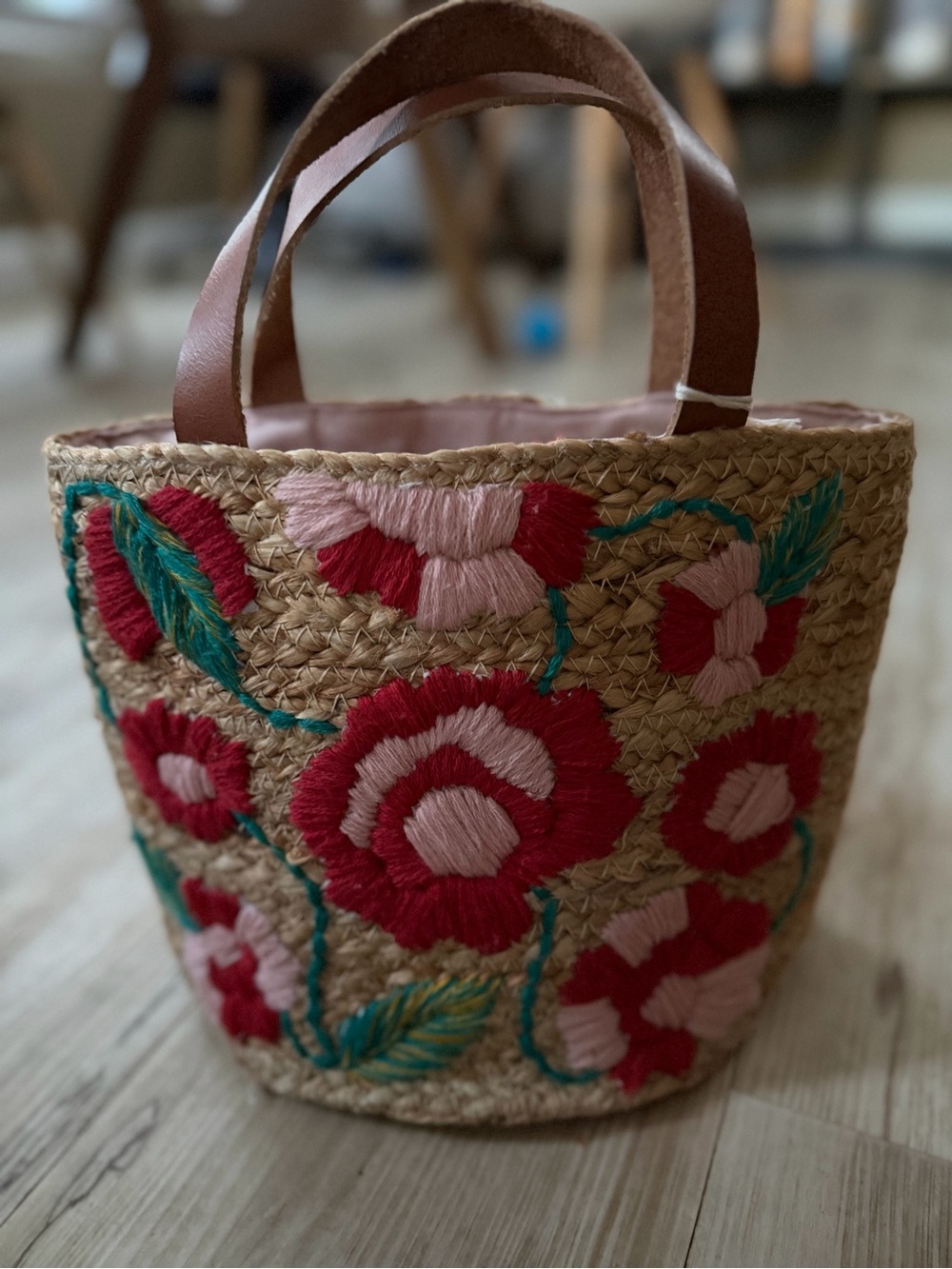 Embroidered Straw Mini Tote in Red and Pink